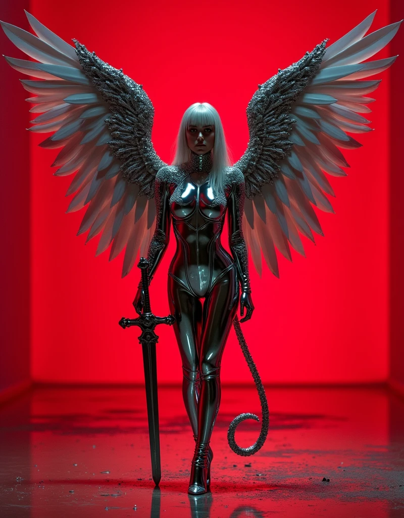 hyper realistic high definition photography image of a angel woman wearing a chrome suit, the suit looks futuristic lights up and studded with silver crystals ,shining silver wings, long silver glistening gothic looking sword stuck in the ground in striking style, tail and thin, long leg, immersed in some kind of fantasy, red background, very low light, each detail in high definition, full body shot, upward view, uhd
