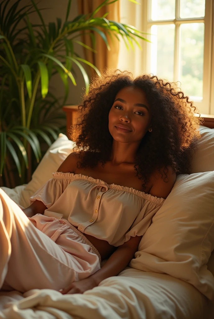 (photorealism:1.2), beautiful woman, sitting on bed, wearing loose off-shoulder top, pajama pants, long curly hair, indoors, soft lighting, plants in background, window with sunlight, cozy room, relaxed pose, realistic, intricate details, warm colors, by Greg Rutkowski, by Alphonse Mucha