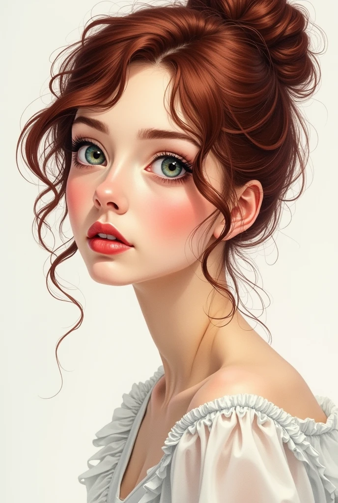 Best image quality, masterpiece level, ultra-high resolution. illustration Art, water color, fantasy theme, facial details, a eastern European woman in 20's, hair bun, playful, charming. fairy tale theme, upper body, get detailed outdoor lighting and movie lighting, increase detailed overall ambient light, face and eye details, improve the realism of body details, clearly express sharp focus, expressionless, white clothes, burgundy hair, bright eyes, simple background. oil on canvas.