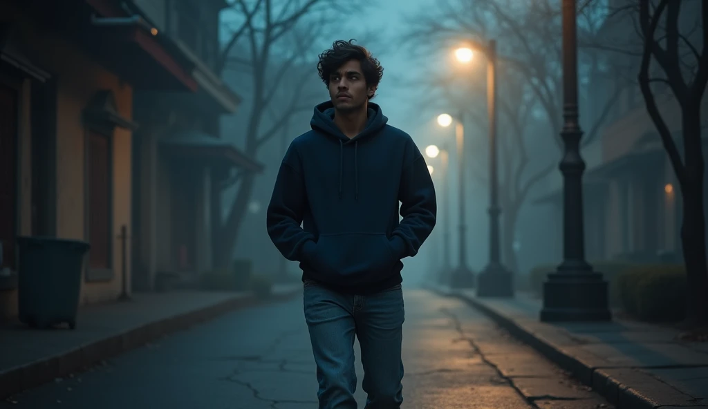 Akash Walking Alone
A young man, Akash, walks down the street, looking over his shoulder with a slightly worried expression. He is dressed casually, with hands in his pockets. The streetlights cast long, distorted shadows behind him, making the atmosphere more unsettling.