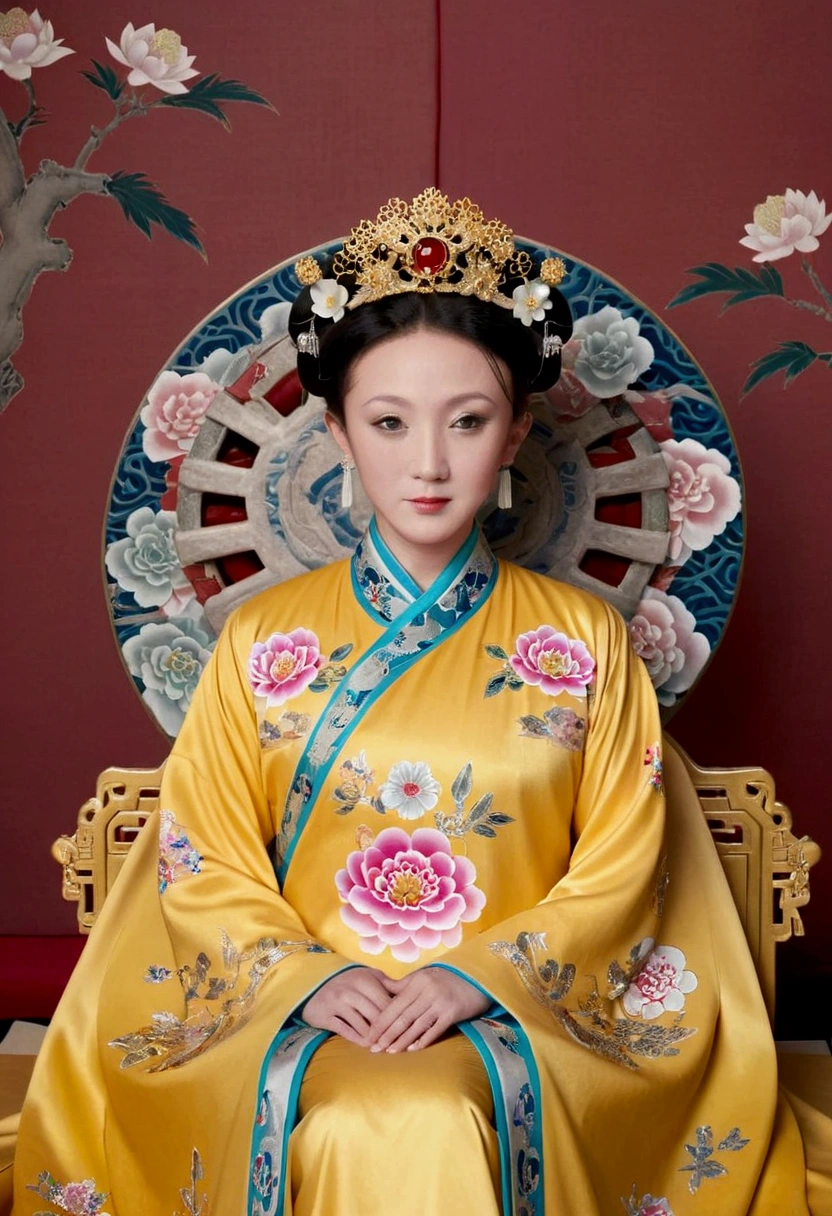From the pre-Qing period, The Empress sits naked on a large golden sofa in the palace, Her legs were spread, At the Chinese court during the Qing Dynasty, Empress of the Qing Dynasty, Wearing the great crown of the Chinese Empress, Belly and thighs visible from below.。She is completely naked, Showing off gorgeous large flowers and hairpins, She tied her hair up and pulled it up, 背景はEmpress of the Qing Dynastyの豪華な宮殿.