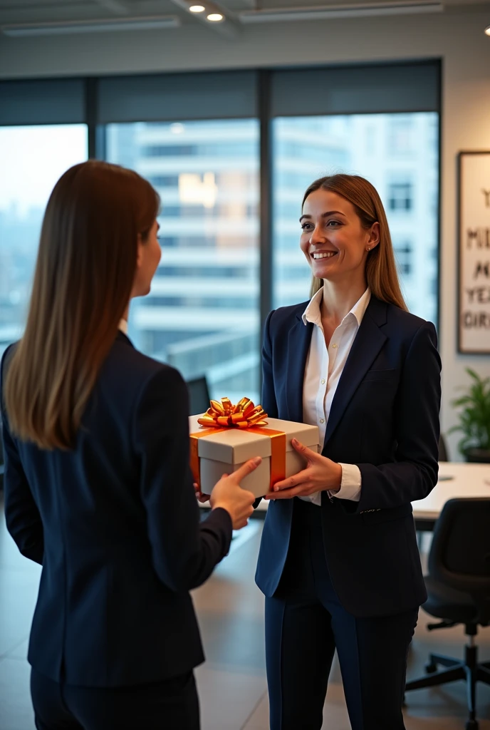 Women boss holding gift in her hand in front of employee woman in office
