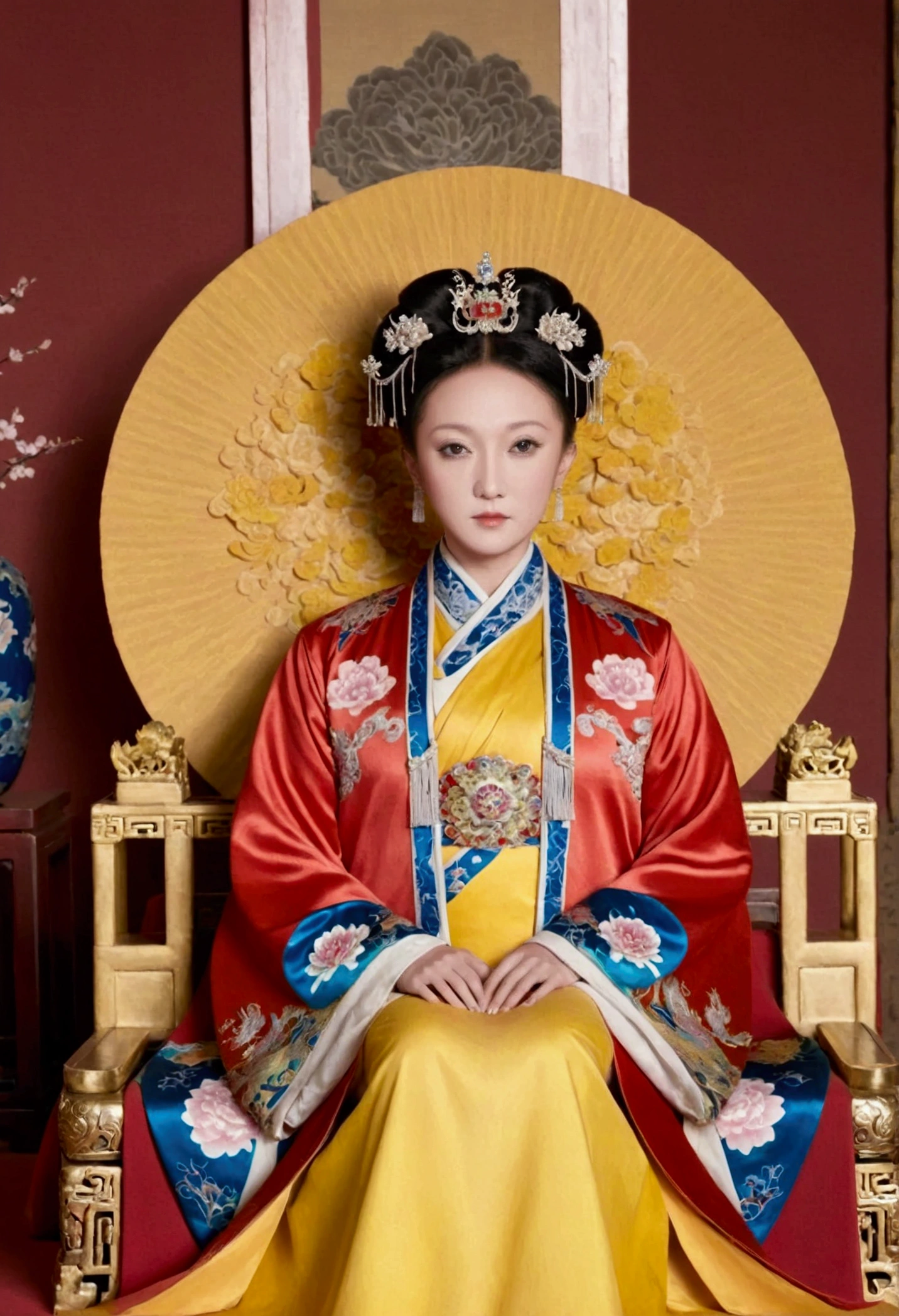 From the pre-Qing period, The Empress sits naked on a large golden sofa in the palace, Her legs were spread, At the Chinese court during the Qing Dynasty, Empress of the Qing Dynasty, Wearing the great crown of the Chinese Empress, Belly and thighs visible from below.。She is completely naked, Showing off gorgeous large flowers and hairpins, She tied her hair up and pulled it up, 背景はEmpress of the Qing Dynastyの豪華な宮殿.