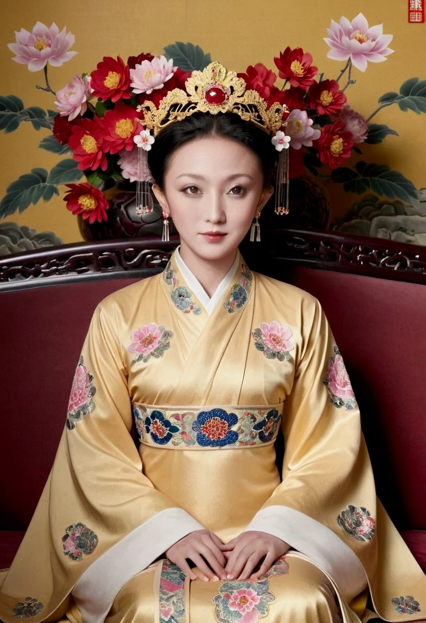 From the pre-Qing period, The Empress sits naked on a large golden sofa in the palace, Her legs were spread, At the Chinese court during the Qing Dynasty, Empress of the Qing Dynasty, Wearing the great crown of the Chinese Empress, Belly and thighs visible from below.。She is completely naked, Showing off gorgeous large flowers and hairpins, She tied her hair up and pulled it up, 背景はEmpress of the Qing Dynastyの豪華な宮殿.
