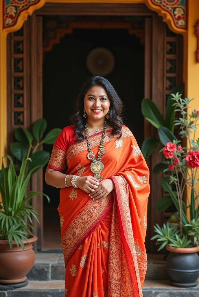 (best quality,4k,8k,highres,masterpiece:1.2),ultra-detailed,(realistic,photorealistic,photo-realistic:1.37),foto,portrait of 35-year-old woman,belonging to,sexy plump body,photo with soft smiling face,wearing a india traditional saree, with a background of traditional Balinese house,Balinese traditional house,brightly colored,ornate building,garden surrounding the house,traditional Balinese architecture,tropical plants,green and lush,decorative,artistically carved wooden door,affectionate expressions,detailed facial features,beautiful detailed eyes,beautiful detailed lips,extremely detailed eyes and face,long eyelashes,vivid colors,Balinese color palette,warm tones,tropical hues,multi-generational family,happy and harmonious atmosphere,Nyepi decorations,Balinese arts and crafts,religious motifs,Frangipani flowers,floral offerings,Balinese culture,authentic Balinese atmosphere,peaceful ambiance,generational bond,joyful memories,love and togetherness,memorable family time,family heritage and tradition.