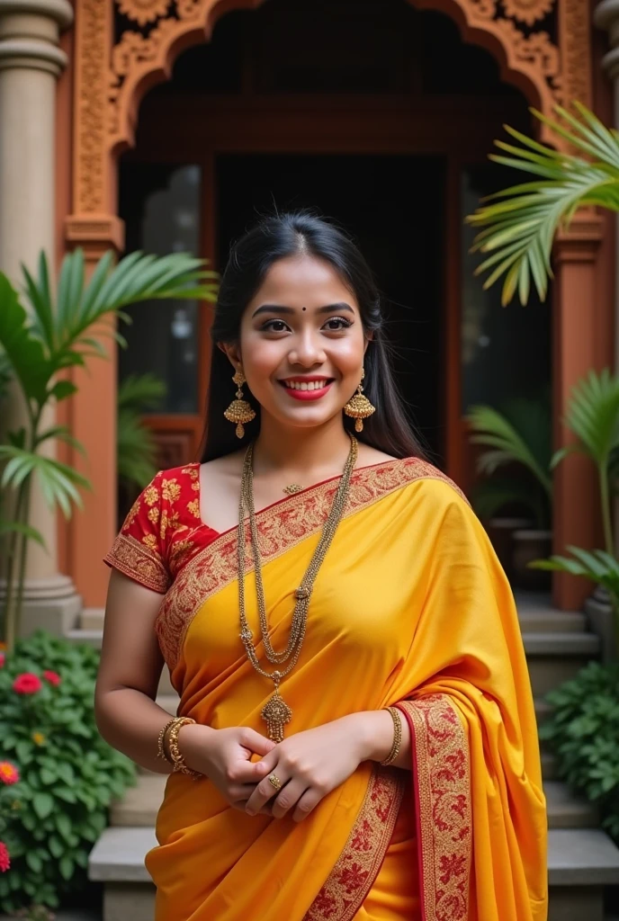 (best quality,4k,8k,highres,masterpiece:1.2),ultra-detailed,(realistic,photorealistic,photo-realistic:1.37),foto,portrait of 35-year-old woman,belonging to,sexy plump body,photo with soft smiling face,wearing a india traditional saree, with a background of traditional Balinese house,Balinese traditional house,brightly colored,ornate building,garden surrounding the house,traditional Balinese architecture,tropical plants,green and lush,decorative,artistically carved wooden door,affectionate expressions,detailed facial features,beautiful detailed eyes,beautiful detailed lips,extremely detailed eyes and face,long eyelashes,vivid colors,Balinese color palette,warm tones,tropical hues,multi-generational family,happy and harmonious atmosphere,Nyepi decorations,Balinese arts and crafts,religious motifs,Frangipani flowers,floral offerings,Balinese culture,authentic Balinese atmosphere,peaceful ambiance,generational bond,joyful memories,love and togetherness,memorable family time,family heritage and tradition.