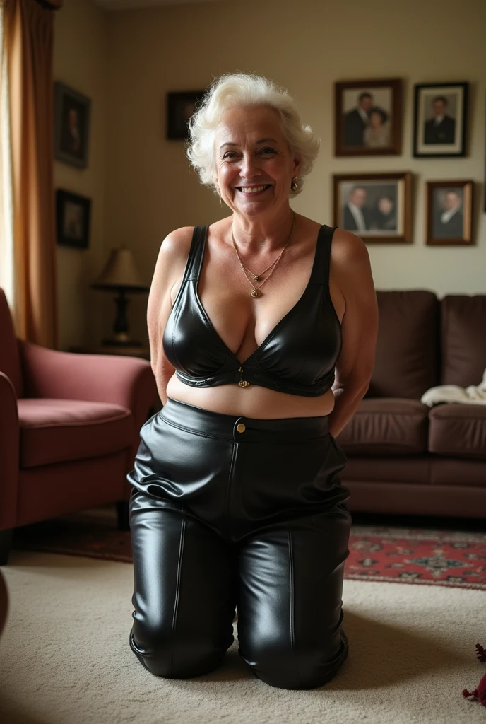 Une grand mère obèse qui porte un soutien gorge en cuir noir avec une jupe en cuir noir et des cuissardes. Elle est a genoux et mains dans le dos dans le salon.