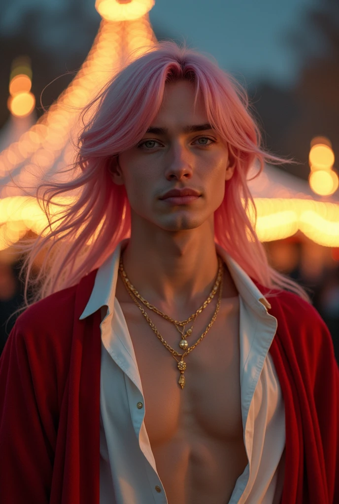 ((Masterpiece, Best Quality, Highest Image Quality, High Resolution, Photorealism, RAW Photos, 8k)), A beautiful man, 20 years old, light muscles, pale skin, fine feature, soft feature, young face, lightly smile, straight long hair, pink pink haired, hair flying in the wind, show forehead, gold jewelry, open white shirt, thin red cloak. Outdoors, in the night circus, gothic architecture, Christmas.