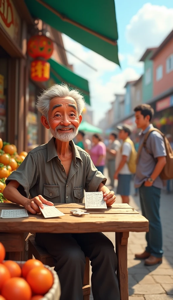A man is sitting selling lottery tickets. The scene is a market with many people passing by., has a grocery store. Character appearance: Mr. Tu is 60 years old. , skinny, White hair, gentle smile . Wear old gray shirt, Old black pants Original horizontal shot.
There is a middle-aged man standing opposite buying lottery tickets. The market has a fun feel. The 3D image is a bit cartoonish.