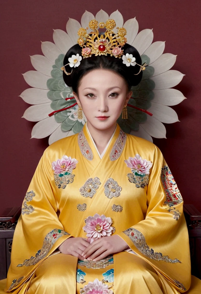 From the pre-Qing period, The Empress sits naked on a large golden sofa in the palace,  Her legs were spread, At the Chinese court during the Qing Dynasty, Empress of the Qing Dynasty, Wearing the great crown of the Chinese Empress, Belly and thighs visible from below.。She is completely naked, Showing off gorgeous large flowers and hairpins, She tied her hair up and pulled it up, 背景はEmpress of the Qing Dynastyの豪華な宮殿.