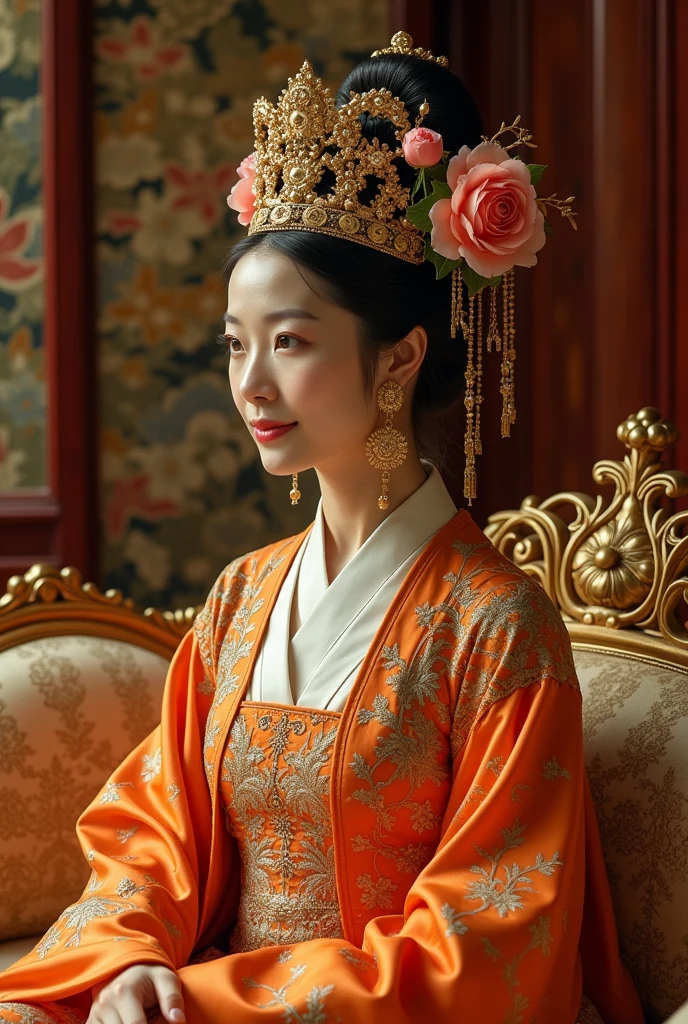 From the pre-Qing period, The Empress sits naked on a large golden sofa in the palace,  Her legs were spread, At the Chinese court during the Qing Dynasty, Empress of the Qing Dynasty, Wearing the great crown of the Chinese Empress, Belly and thighs visible from below.。She is completely naked, Showing off gorgeous large flowers and hairpins, She tied her hair up and pulled it up, 背景はEmpress of the Qing Dynastyの豪華な宮殿.