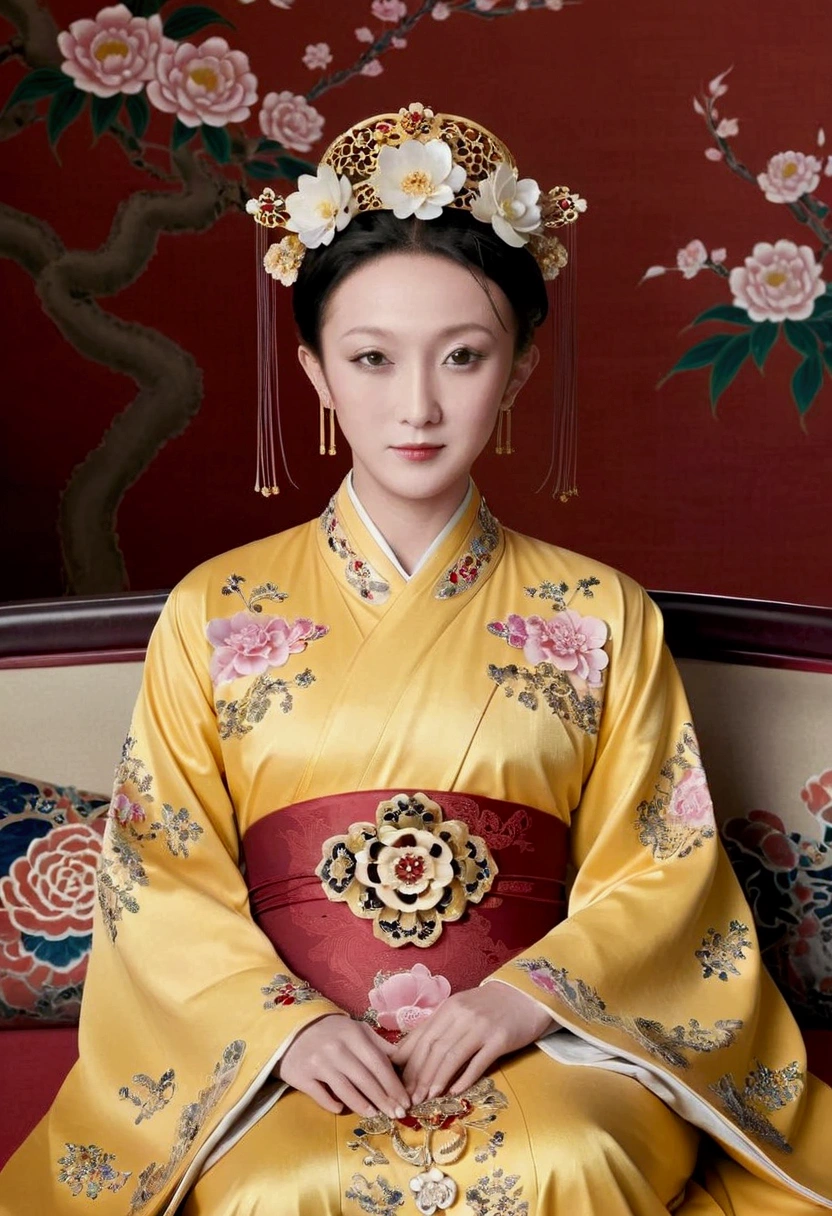From the pre-Qing period, The Empress sits naked on a large golden sofa in the palace,  Her legs were spread, At the Chinese court during the Qing Dynasty, Empress of the Qing Dynasty, Wearing the great crown of the Chinese Empress, Belly and thighs visible from below.。She is completely naked, Showing off gorgeous large flowers and hairpins, She tied her hair up and pulled it up, 背景はEmpress of the Qing Dynastyの豪華な宮殿.