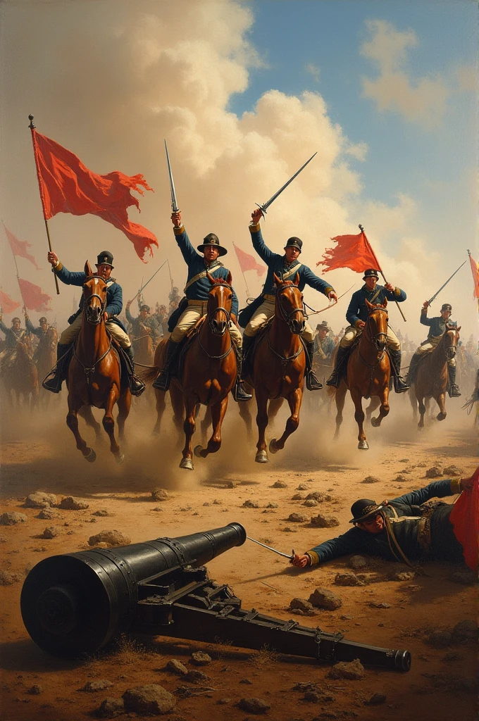 A dramatic oil painting of a chaotic cavalry charge during a 19th-century battle. Soldiers on horseback clash fiercely, brandishing swords and flags amidst a cloud of dust. Fallen soldiers and a tipped cannon in the foreground highlight the intensity of the fight.