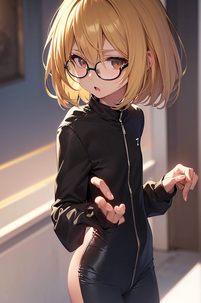 masterpiece, best quality,anime style, 1 girl,(((slender body))), (((small eyes))),(((black athlete suit,glasses))), (beautiful face), (((short hair))), (((straight hair))), ((((blonde hair)))),detailed beautiful skin, (perfect hands, perfect anatomy),scream