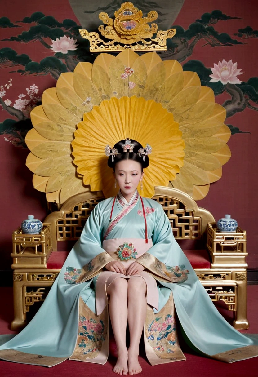 From the pre-Qing period, The Empress sits naked on a large golden sofa in the palace, Her legs were spread, At the Chinese court during the Qing Dynasty, Empress of the Qing Dynasty, Wearing the great crown of the Chinese Empress, Belly and thighs visible from below.。She is completely naked, Showing off gorgeous large flowers and hairpins, She tied her hair up and pulled it up, 背景はEmpress of the Qing Dynastyの豪華な宮殿.