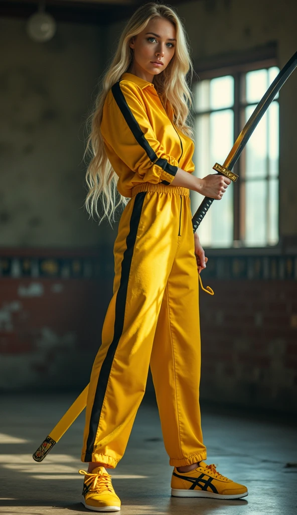 Super realistic, wide shot, 1 lady, blonde long hair, blue eyes, yellow jumpsuit with black lines on the sides, Yellow sneakers with the black Onitsuka Tiger brand mark, holding a katana, Uma Thurman, KILL BILL, indoor, bokeh effect, depth of field, hyper Realistic, Professional photography, Cinema Lighting