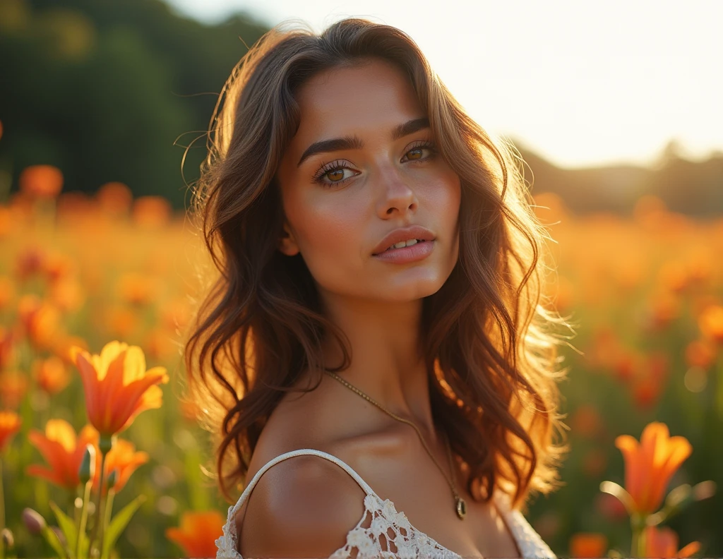 Crée une série de photos artistiques pour une jeune influenceuse de 25 ans, cheveux mi-long marrons, yeux marrons, avec beaucoup de charme, sexy, regard inspiré, en utilisant des thèmes de la nature et des couleurs vives. Elle porte les mêmes vêtements comme pour un shooting photo. Les photos doivent être lumineuses et inspirantes, idéales pour un public intéressé par la beauté naturelle.