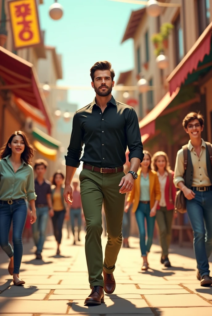 A man wearing black formal shirt and olive trousers and shoes walking through a crowded street ( cartoon)