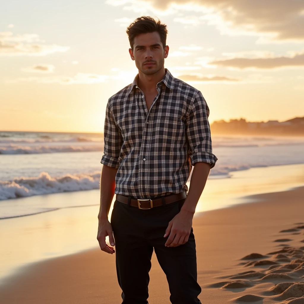 A white man, at 33 years old, model type, with short dark hair, with blue eyes, wearing a plaid shirt buttoned up, black pants with belt, tennis, on the beach of Alentejo at sunrise, moving the sand