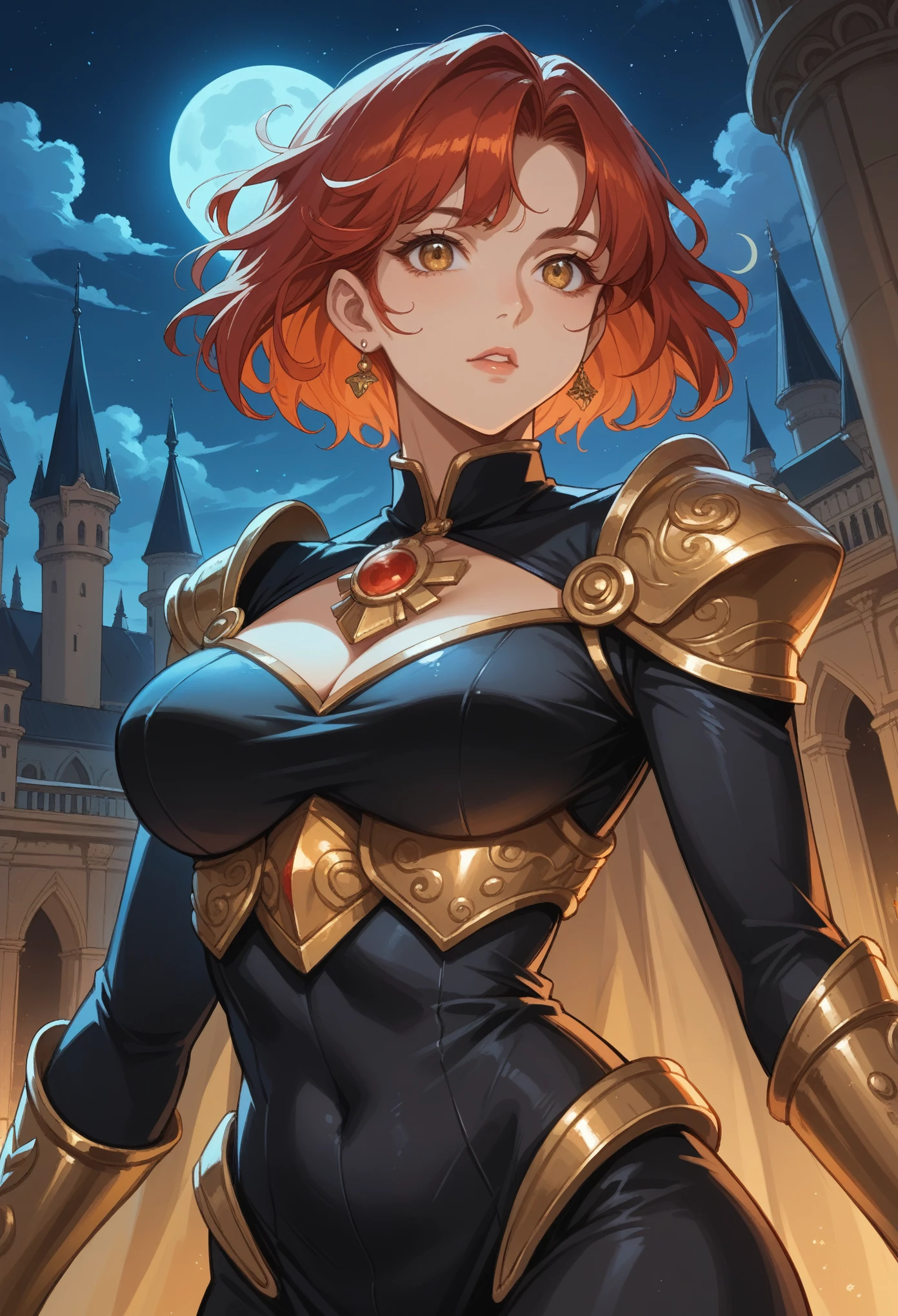 Anime, High-resolution illustrations, unrivaled masterpiece, ultra-realistic 8k CG, perfect artwork, (fidelity: 1.5), night, a mature woman, solo, neck-length hair, short hair, bangs, (vermillion red hair), golden eyes glitter with ferocity, voluptuous curves:1.3, (Compressed chest:1.3), the dress is a dark, skin-tight bodysuit with gold-accented spiked armor on the shoulders and chest, featuring a gothic fantasy style, character in the middle, standing, palace, ferocious personality
