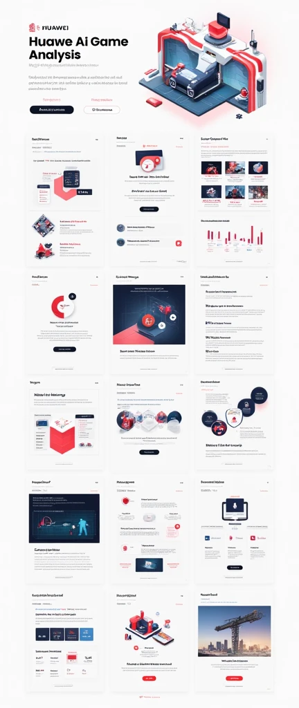 Help me generate an AI game art application analysis，Similar to long PDF，Portfolio format，Don&#39;t need too many colors，Be formal，The combination of Huawei&#39;s red and technological blue，White background，Need to include typographic elements，Design elements, etc.，Novel board style，Reference dribbble，Behance and other creative websites。