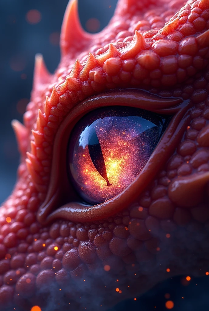 a close up picture of a red dragon eye, you see the night sky and endless stars, nebula, in the irises, some smoke and fire from the dragon