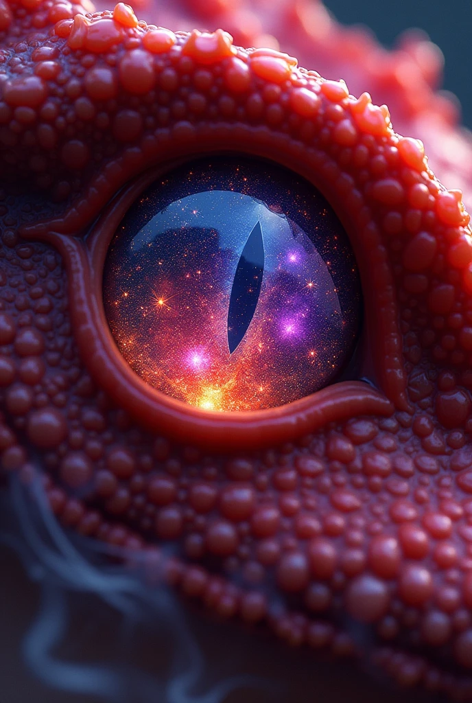 a close up picture of a red dragon eye, you see the night sky and endless stars, nebula, in the irises, some smoke and fire from the dragon