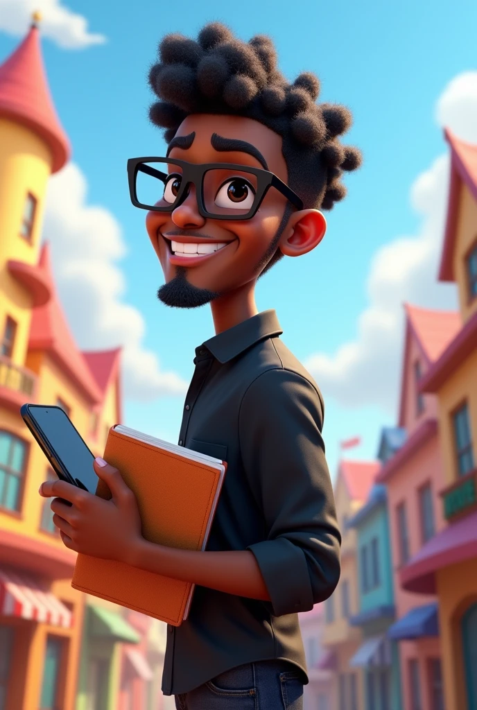 A 2K 3D Disney Pixar style avatar of a black man with short curly hair, square glasses, a black shirt with his back turned and a cell phone in his hand, holding a notebook