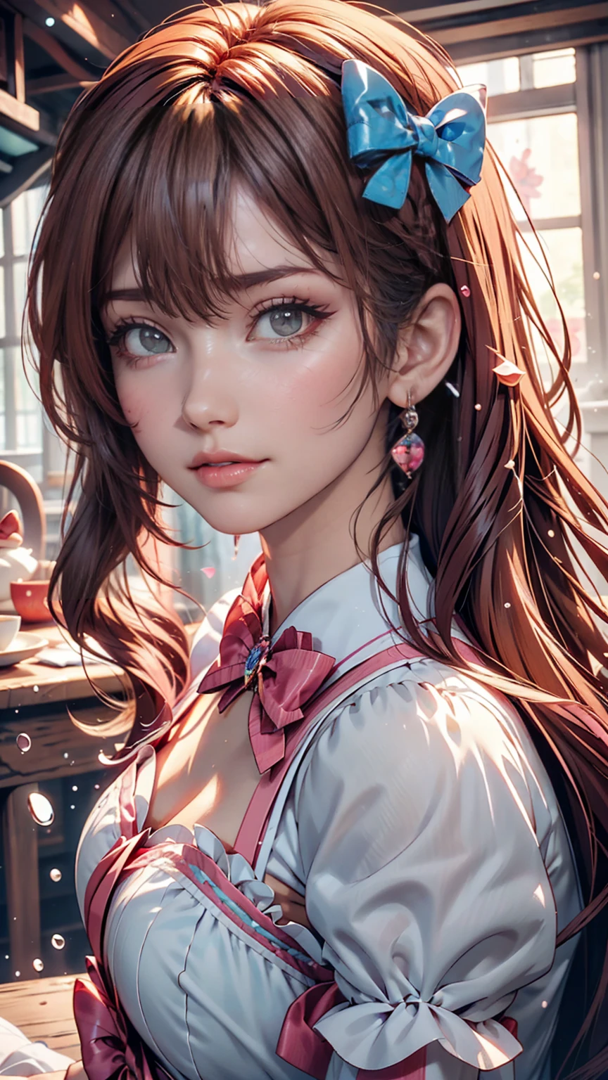 Anime girl with pink hair and a ribbon in her hair, Cute realistic portrait, Gwaiz, Magical Girl Portrait, Cute Characters, Cute art style, Anime Moe Art Style, MapleStory character art, cute portrait, Cute Anime Portrait, Small person portrait, artwork in the style of Gwaiz, Splash Art Anime 