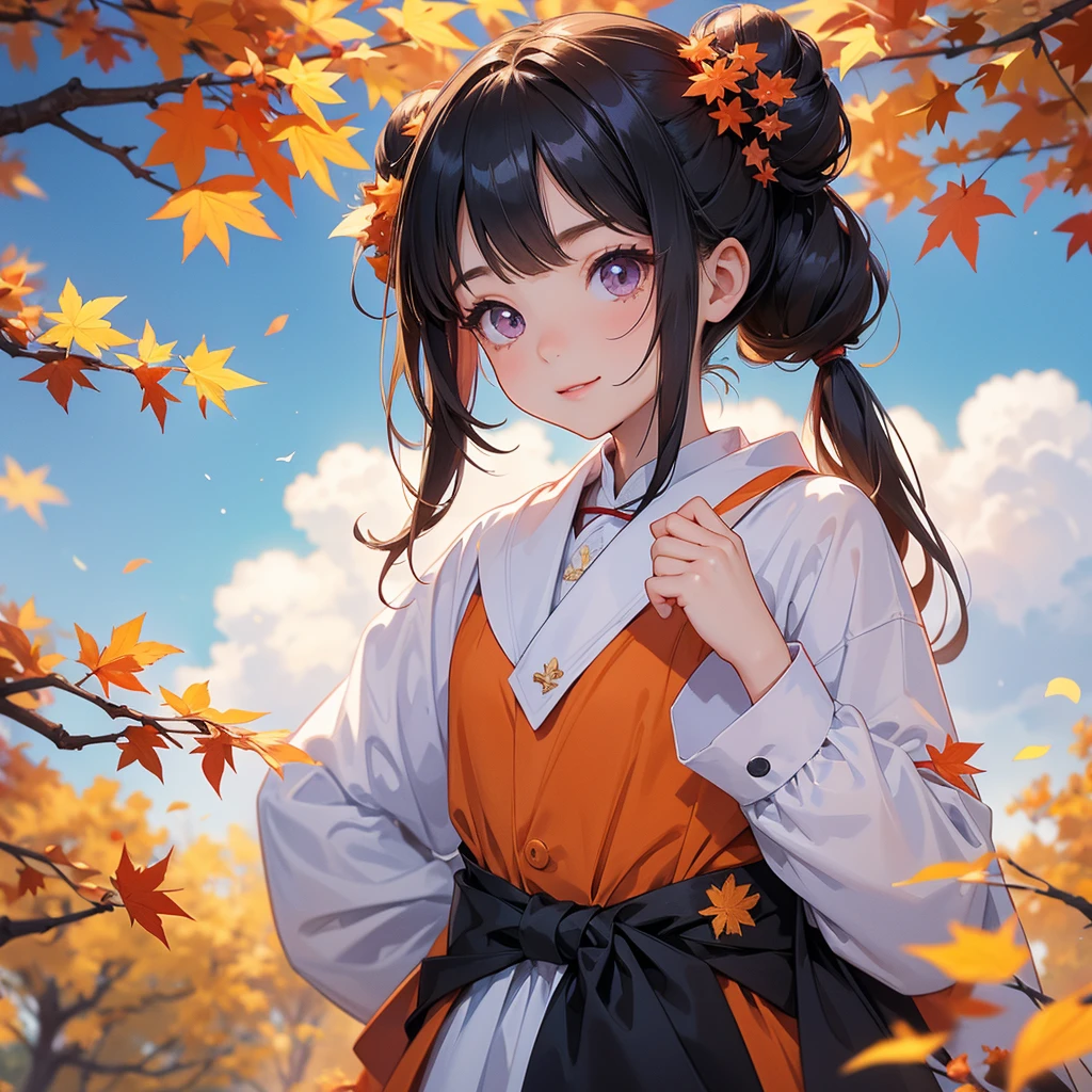 A chibi child girl had a small face and wearing a violet little tourist priest’s outfit, a pair of big round eyes shone with curiosity about him. This child was so cute, her hair is black with buns on her hair. Small chibi , chibi baby, smiling , chibi. 

The backdrop is a mountain that turns orange-red in spring, and maple leaves fall from the trees.