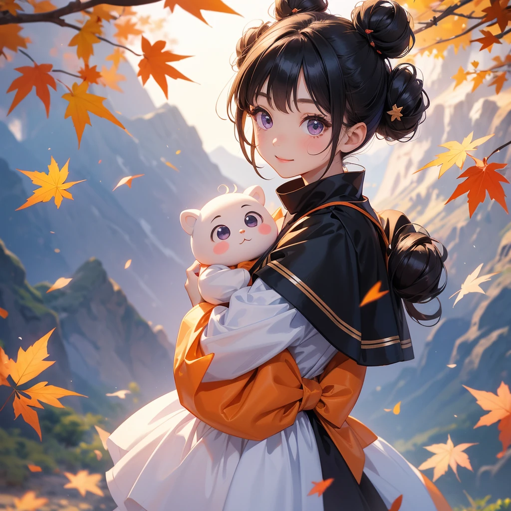 A chibi  girl had a small face and wearing a violet little tourist priest’s outfit, a pair of big round eyes shone with curiosity about him. This childso cute, her hair is black with buns on her hair. Small chibi , chibi baby, smil, chibi. 

The backdrop is a mountain that turns orange-red in spring, and maple leaves fall from the trees.