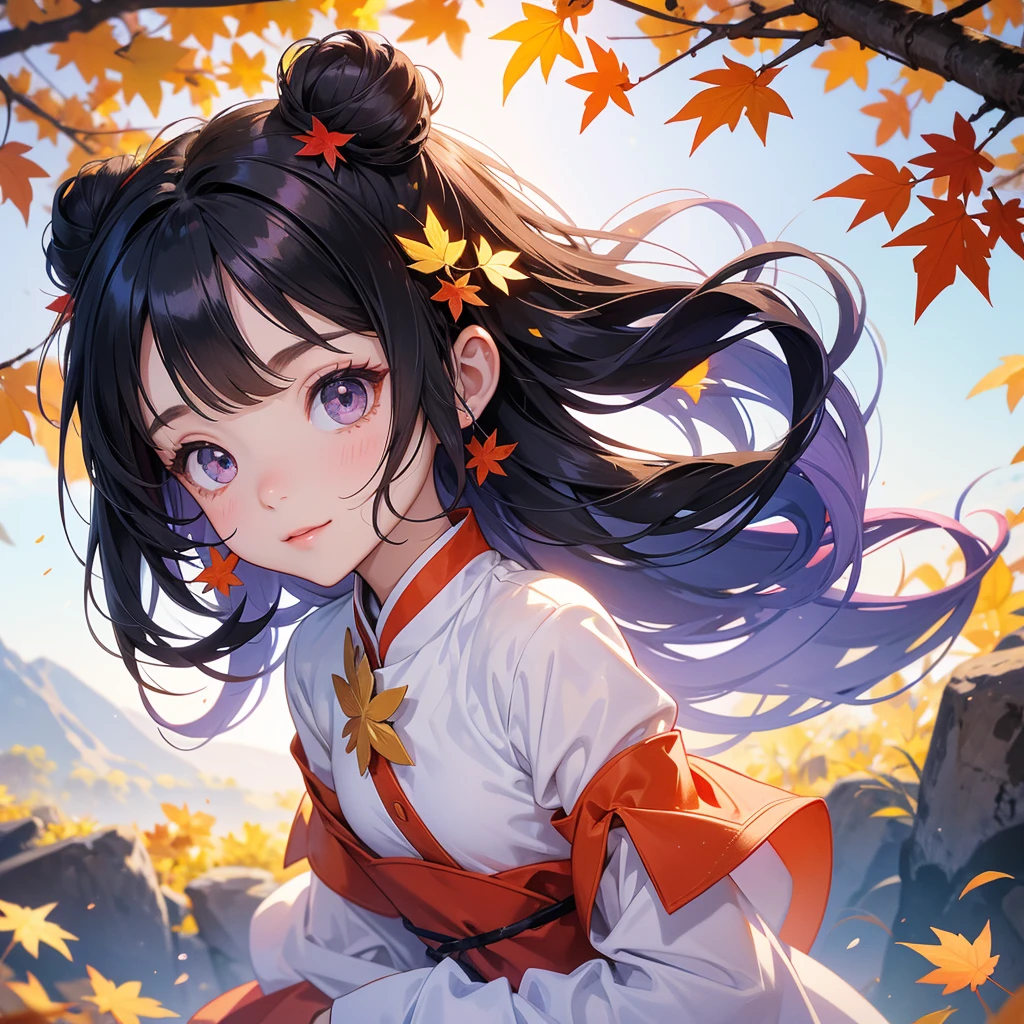 A chibi child girl had a small face and wearing a violet little tourist priest’s outfit, a pair of big round eyes shone with curiosity about him. This child was so cute, her hair is black with buns on her hair. Small chibi , chibi baby, smiling , chibi. 

The backdrop is a mountain that turns orange-red in spring, and maple leaves fall from the trees.