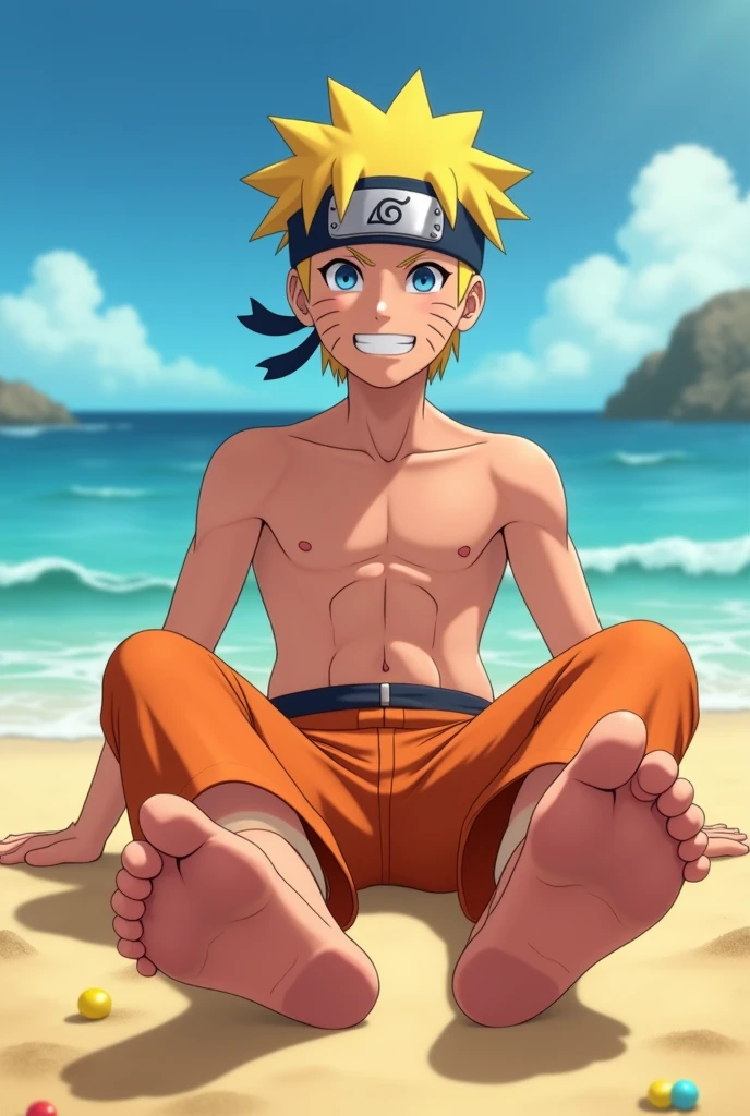 Realistic HD animated image of Naruto Uzumaki barefoot showing the soles of his feet from below close to the camera Sitting on the beach smiling shirtless Details of the soles of his feet 5 toes on each foot Showing off six pack Candy between his toes