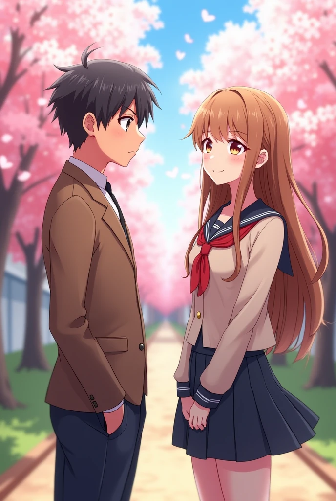 A female anime cartoon, fair skin, about high school age, with long hair covering her chest, light brown hair, light pink eyes, a cheerful personality but also shy, a cute person who cares about others, is making an embarrassed face, wearing a Thai high school student uniform, is having a romantic scene with a male anime cartoon, about high school age, wearing a Thai high school student uniform, has black and light brown hair, light yellow eyes, a gentle personality, shy and cheerful, is shy of women.