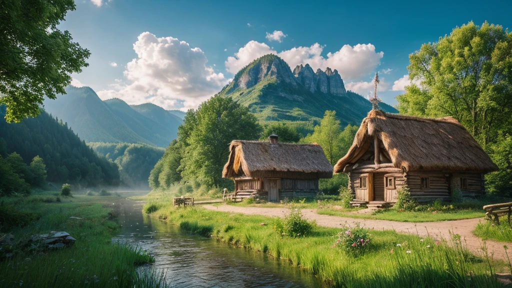 Lithuanian ancient village, mystical nature, Rivers, Mountains and forests, waterfall, cloud, Photorealistic photos, It's not 8k. Aerial view.