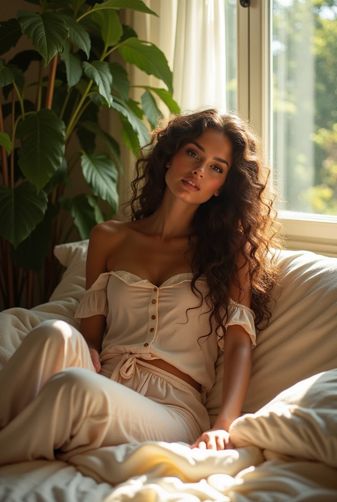 (photorealism:1.2), beautiful woman, sitting on bed, wearing loose off-shoulder top, pajama pants, long curly hair, indoors, soft lighting, plants in background, window with sunlight, cozy room, relaxed pose, realistic, intricate details, warm colors, by Greg Rutkowski, by Alphonse Mucha