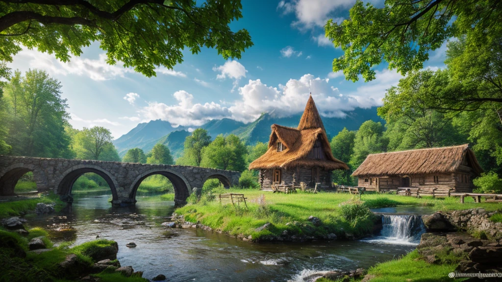 Lithuanian ancient village, mystical nature, Rivers, Mountains and forests, waterfall, cloud, Photorealistic photos, It's not 8k. Aerial view.