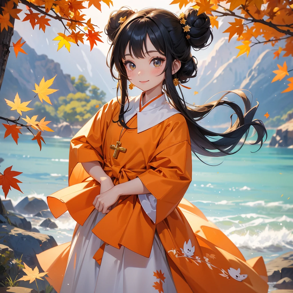 A chibi child girl had a small face and wearing a green little tourist priest’s outfit, a pair of big round eyes shone with curiosity about him. This child was so cute, her hair is black with buns on her hair. Small chibi , chibi baby, smiling , chibi.
The backdrop is a mountain that turns orange-red in spring, and maple leaves fall from the trees.