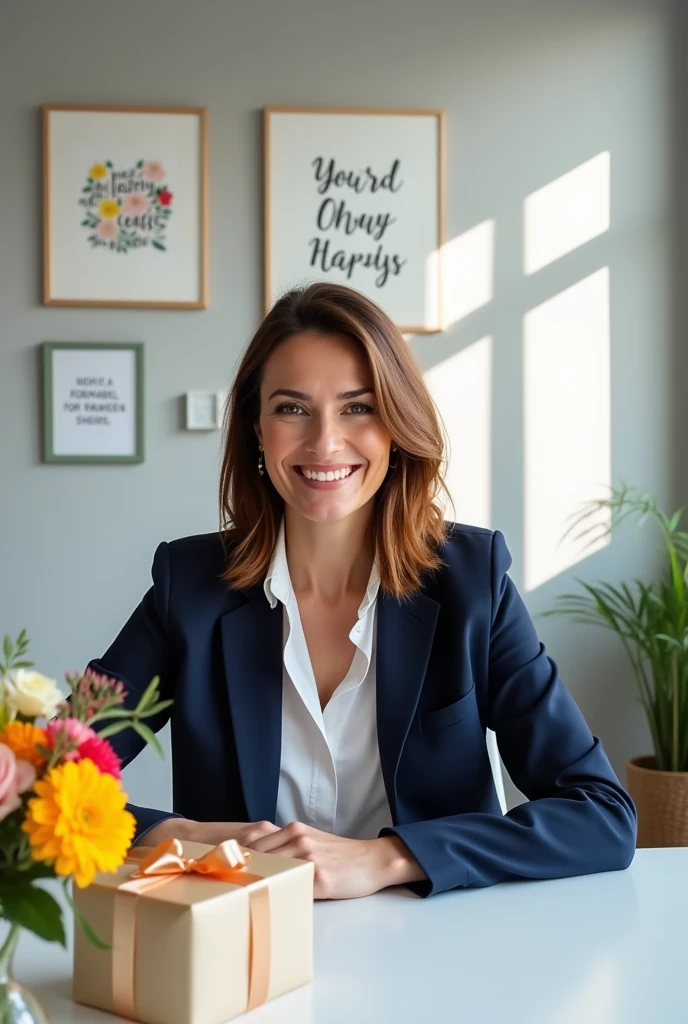 Women sitting on desk with gift in office 