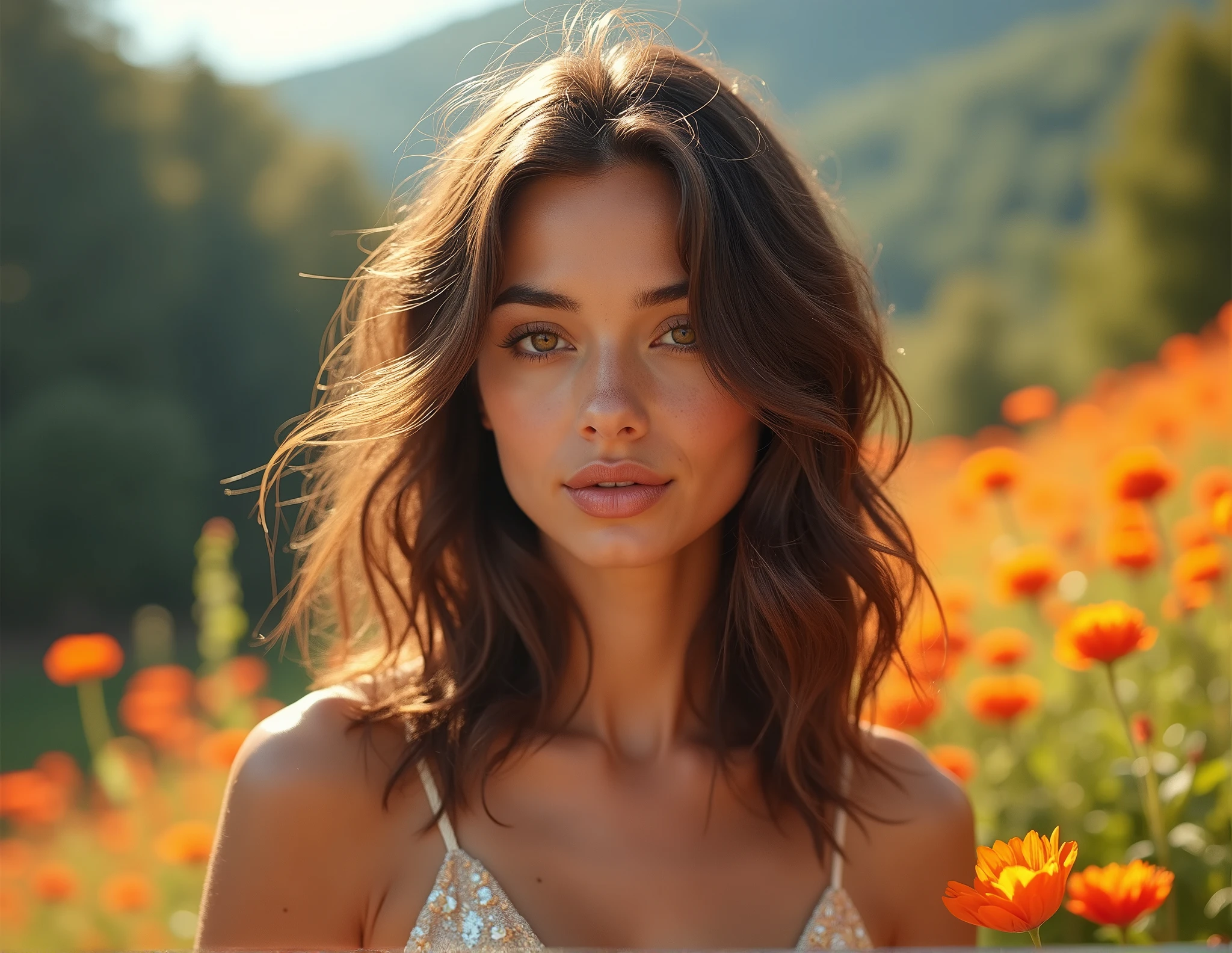 Crée une série de photos artistiques pour une jeune influenceuse de 25 ans, cheveux mi-long marrons, yeux marrons, avec beaucoup de charme, sexy, regard inspiré, en utilisant des thèmes de la nature et des couleurs vives. Elle porte les mêmes vêtements comme pour un shooting photo. Les photos doivent être lumineuses et inspirantes, idéales pour un public intéressé par la beauté naturelle.