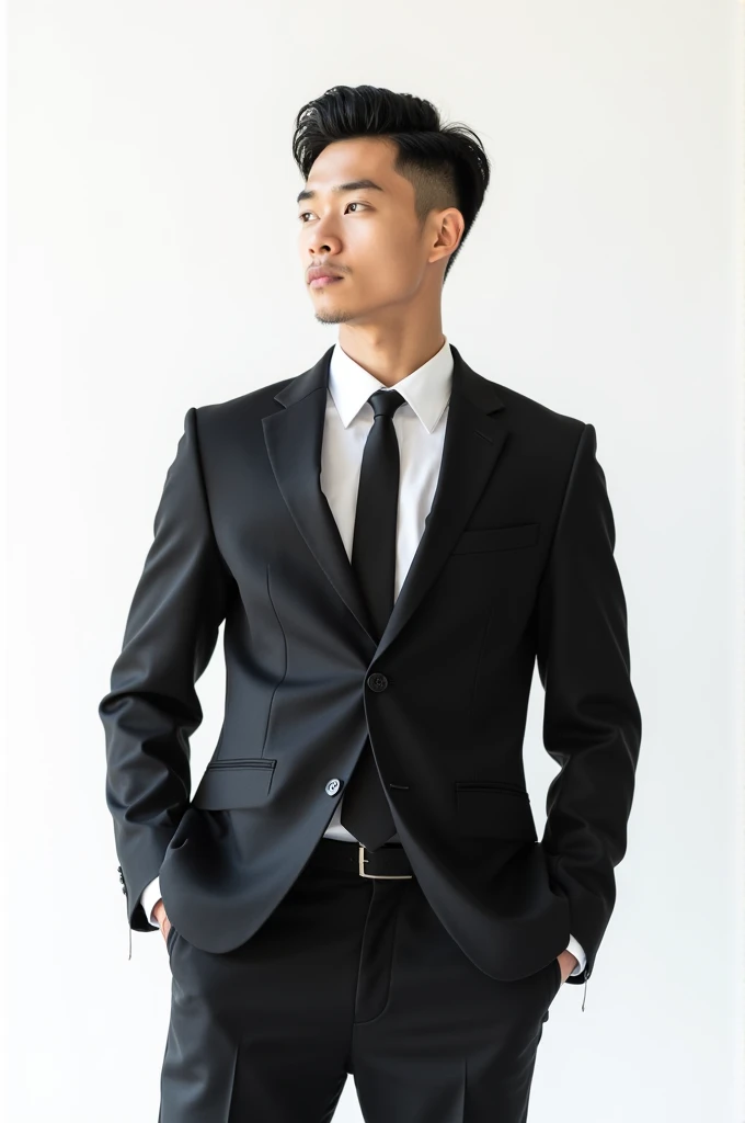 A24 young boy, background white, black suit and white shirt and black tie