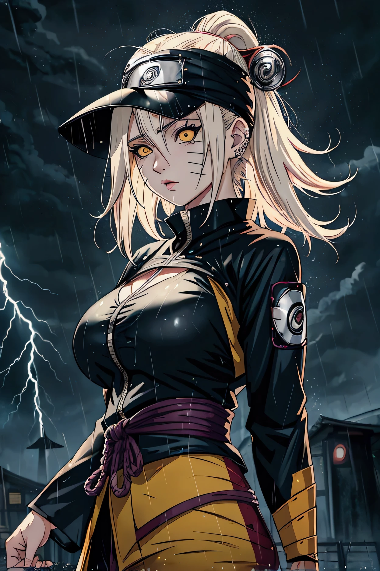 woman (naruTO), 1 девушTOа, One, breast, yellow_eyes, upper_body, looking_TO_That_side, draw up, lightning, rain, Paper, nose, open cloThats, Paper jutsu, upper body, AKATSUKI OUTFIT, labret piercing 