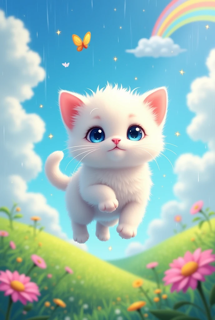 Fantasy Anime Illustration, , In the sky after the rain、Cute white cat baby,  , Children&#39;s books, Pop colors