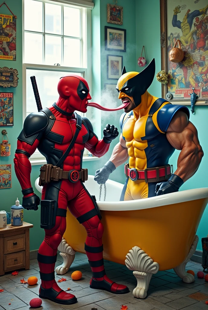 In the bathroom, deadpool is licking wrlverine&#39;s chest 
