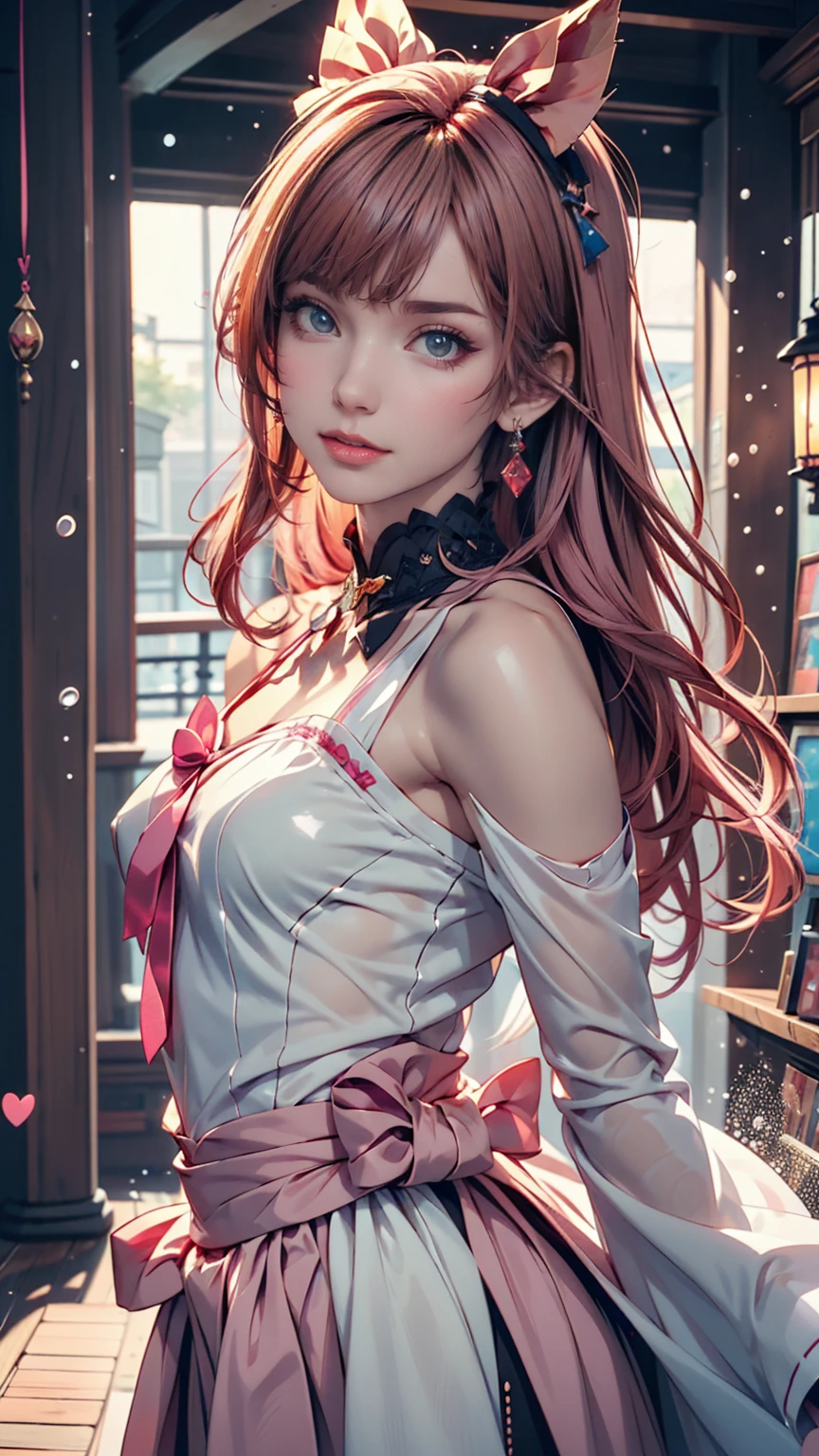 Anime girl with pink hair and a ribbon in her hair, Cute realistic portrait, Gwaiz, Magical Girl Portrait, Cute Characters, Cute art style, Anime Moe Art Style, MapleStory character art, cute portrait, Cute Anime Portrait, Small person portrait, artwork in the style of Gwaiz, Splash Art Anime