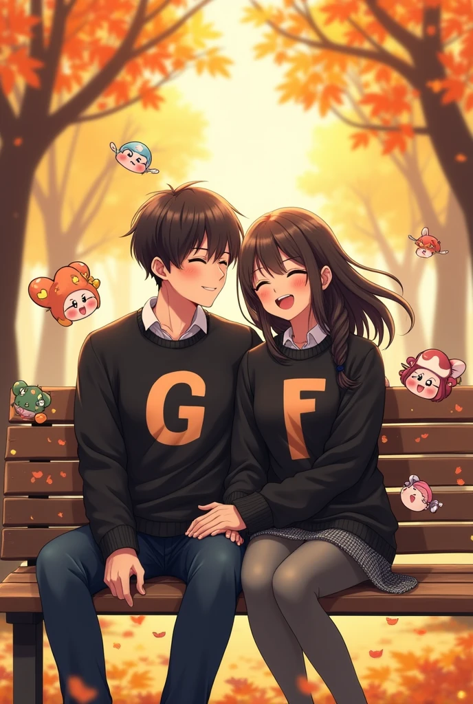 Photographs with the initials on his black sweater G for man and F for woman, as a couple, with anime cartoons The couple is sitting