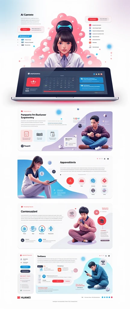 Help me generate an AI game art application analysis，Similar to long PDF，flat design，Portfolio format，Don&#39;t need too many colors，Be formal，The combination of Huawei&#39;s red and technological blue，White background，Need to include typographic elements，Design elements, etc.，Novel board style，Reference dribbble，Behance and other creative websites。
