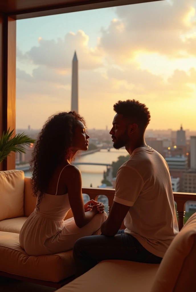 black girl and her white male roomate looking into each others eyes, romantic, setting is a large luxury patio, tan furniture, natural lighting, view of Washington DC, futuristic, holograms, detailed, hd