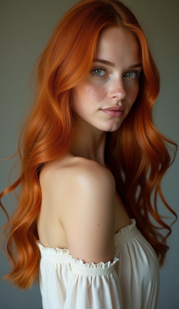 Redhead woman with belly short straight hair.
 Natural light, freckles, simple background, realistic skin texture, gentle expression."
