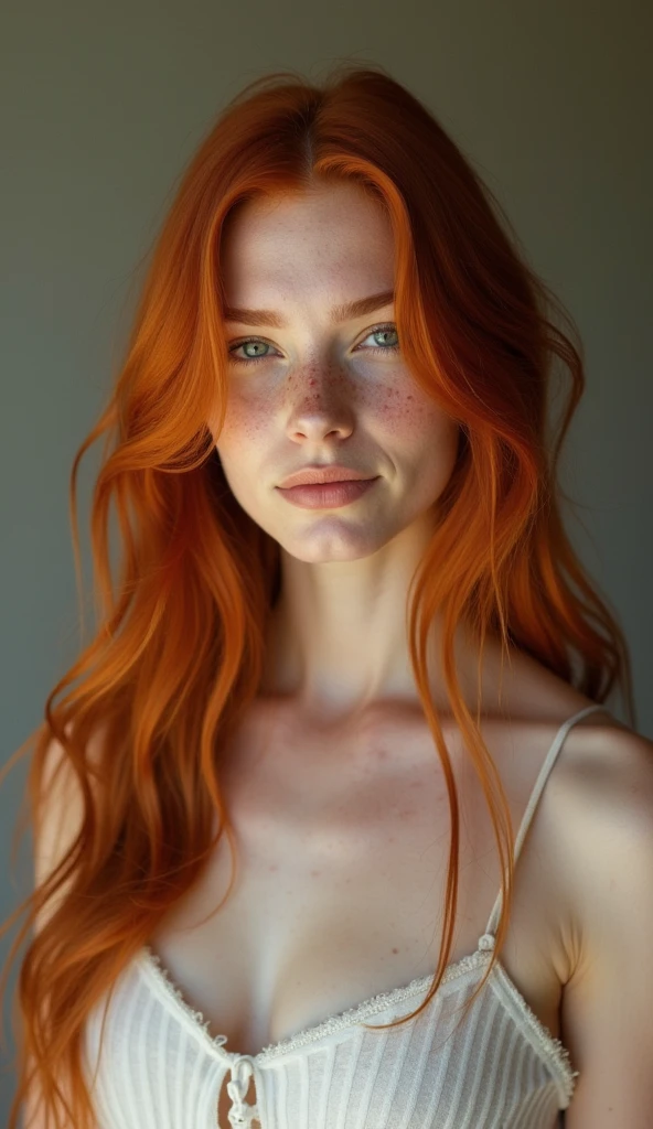 Redhead woman with belly short straight hair.
 Natural light, freckles, simple background, realistic skin texture, gentle expression."
